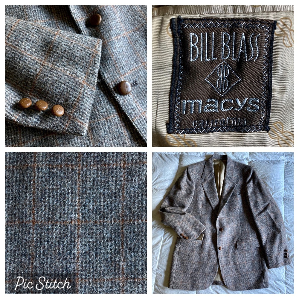Bill Blass Macys Blazer Sport Jacket Wool Mens 40" Chest Glen Plaid Taupe Gray